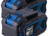 two black and blue power tools on a white background