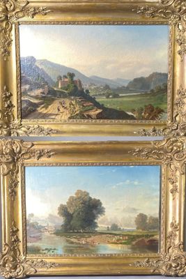 deux tableaux représentant un paysage avec une rivière et un château au loin