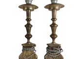 pair of antique brass candlesticks with chains and plugs