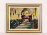 a painting of a painting of a church with people in it