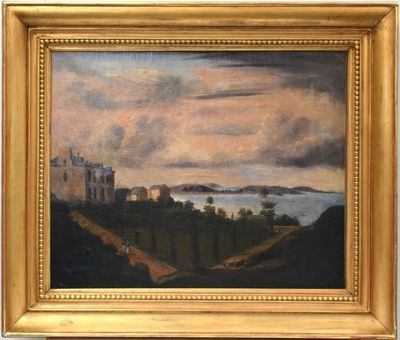an image of a painting of a castle on a hill overlooking the ocean