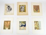 six framed prints of various types of artwork on a white surface