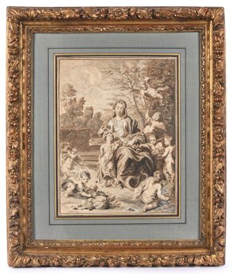 une impression encadrée d'une peinture représentant une famille dans un paysage