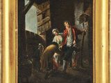 un vieux tableau représentant un homme et une femme dans une grange, en compagnie d'un chien