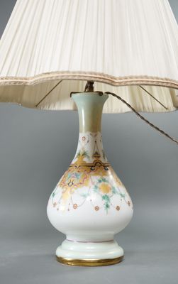 a lamp that is sitting on a table with a lamp shade on it