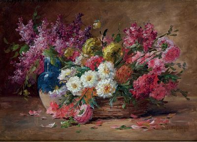 peinture représentant des fleurs dans un vase posé sur une table, sur fond marron