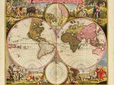 an old map of the world with a lot of people around it
