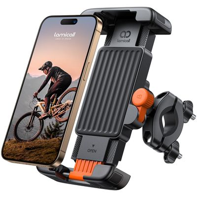 a close up of a cell phone holder with a bike on it