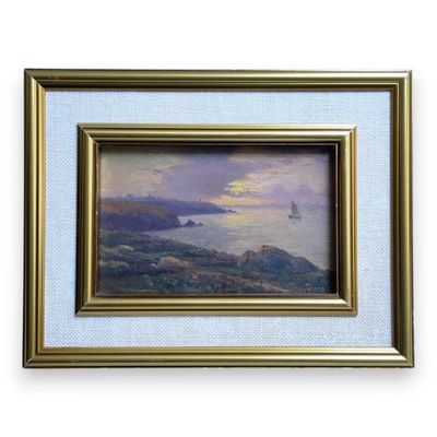an image of a painting of a landscape with a boat in the water