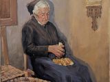 painting of an old woman sitting in a chair with a basket of food