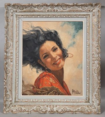 a painting of a woman with blue hair in a gold frame
