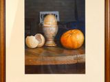 painting of a still life of an orange, garlic, and an egg on a table