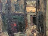 painting of a street scene with a horse drawn carriage and a horse drawn carriage