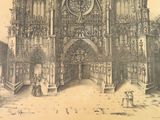 a drawing of a large cathedral with a clock on it