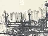 drawing of a black and white picture of a lighthouse and a boat