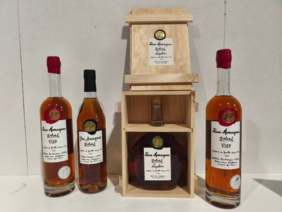 4 Bouteilles dont : 1 Coffret bois bas Armagnac Napoléon fam…