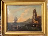 an oil painting of a ship in a body of water with a castle in the background