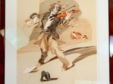 tableau représentant un homme jouant du violon sur une table, en compagnie d'un chat