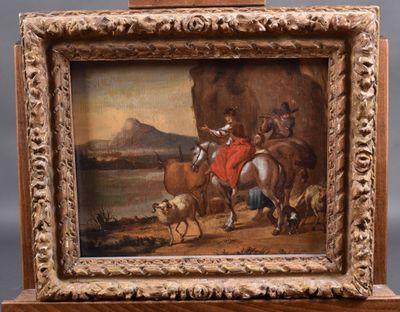 an image of a painting of a man on a horse with a group of people and a dog