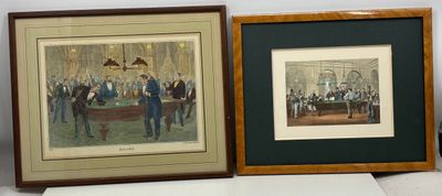 two framed pictures of men in suits and ties playing a game of pool