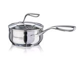 une casserole en acier inoxydable avec un couvercle, sur fond blanc