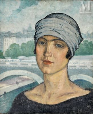 portrait d'une femme coiffée d'un turban au bord d'une rivière