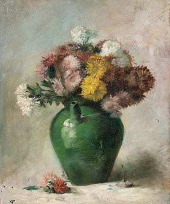 tableau représentant un vase vert contenant des fleurs, posé sur une table