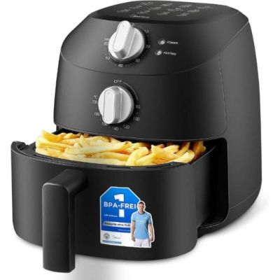 a black air fryer with french fries in it