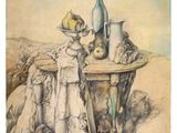 painting of a woman sitting at a table with a vase and apples