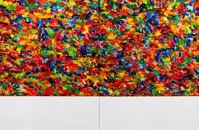 abstract painting of multicolored brush strokes on a white background