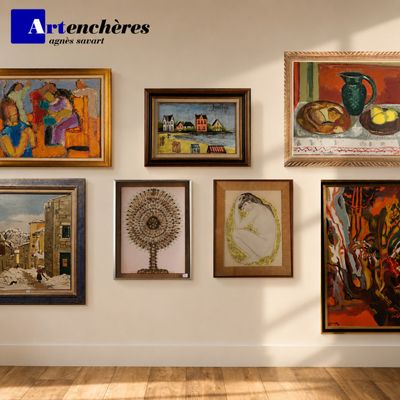 many paintings hanging on the wall in this room