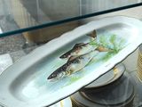 a plate with a fish on it on a glass shelf