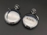 pair of silver plated pocket watches with alcatel written on them