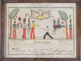 un vieux tableau représentant un homme tenant une épée devant un groupe de soldats