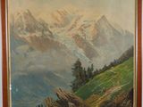 painting of a mountain scene with a mountain range in the background