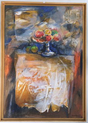 une peinture représentant des fruits posés sur une table recouverte d'une nappe