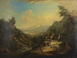 painting of a landscape with a village and a river in the foreground