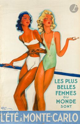 two women in bathing suits standing next to each other on a poster
