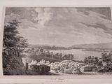drawing of a view of a landscape with a river and a village in the distance