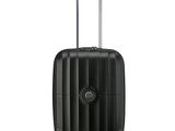the black suitcase is on wheels with a handle and wheels