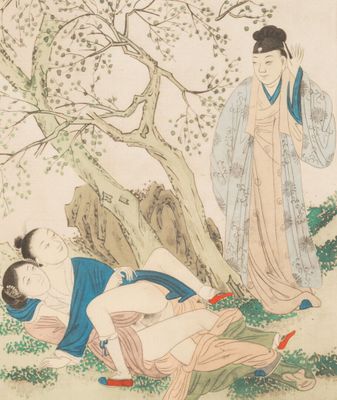 an image of a painting of two women laying on the ground next to a tree