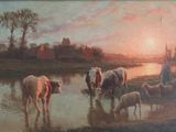 a painting of cows drinking water from a pond