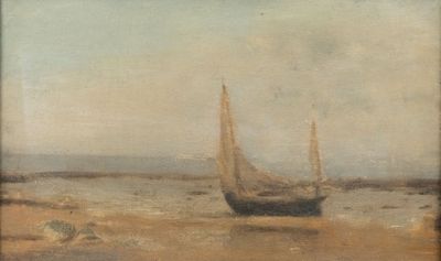a painting of a boat in the water on the beach