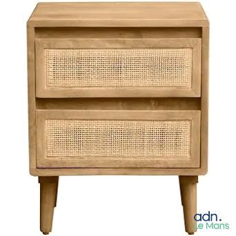 an image of a wooden nightstand with two drawers and wickers