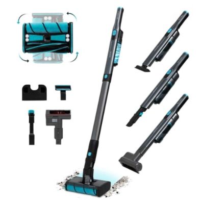 a blue and black cordless vacuum cleaner with accessories on a white background