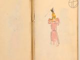 a drawing of a woman in a pink dress on a book