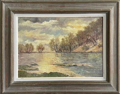tableau représentant une scène fluviale avec des arbres et de l'eau au premier plan