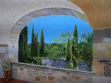 a painting of a view of a garden through a window