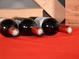 several bottles of wine are lined up on a red cloth