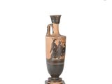 an image of a black and white vase on a wooden base